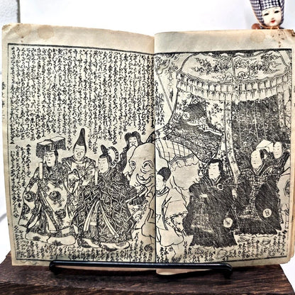 Coppia Libro Giappone Xilografia Edo Originale 1800 Drago Demone Spirito Magia