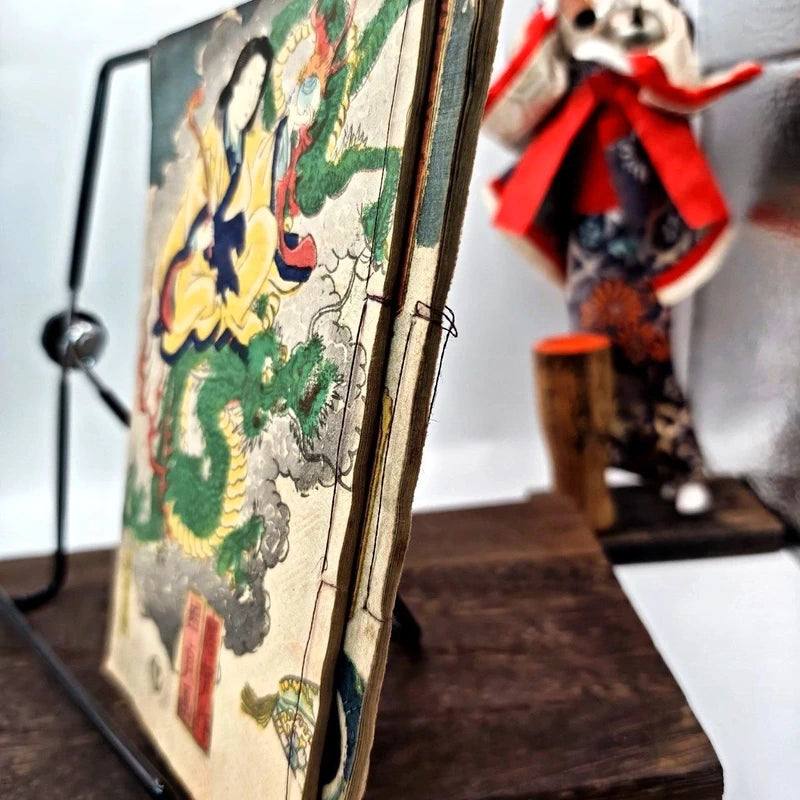 Coppia Libro Giappone Xilografia Edo Originale 1800 Drago Demone Spirito Magia